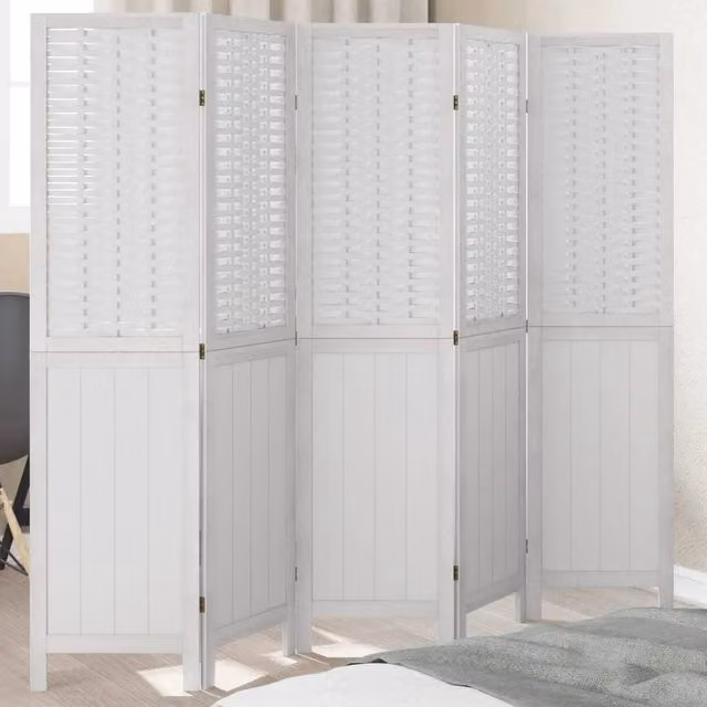 Berkfield Home 5 Panel Room Divider in White Solid Paulownia Wood