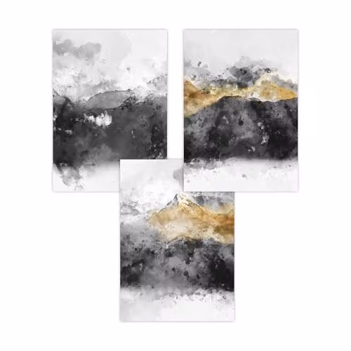 ARTZE Set of 3 Abstract Grey and Yellow Mountain Landscape Paper Posters, W: 42 cm x H: 59 cm – 2