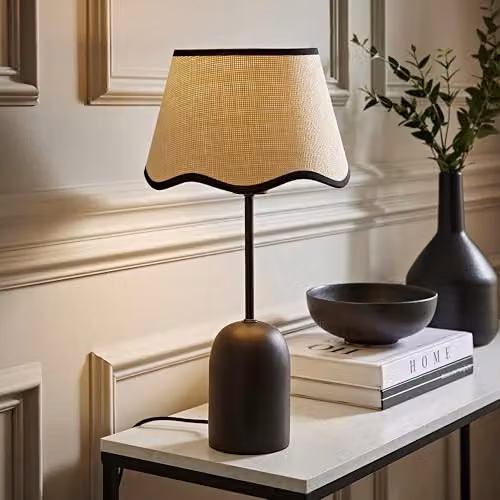 ValueLights Kaiden Black Dome Table Lamp with Beige Fabric Scallop Trim Shade – 2