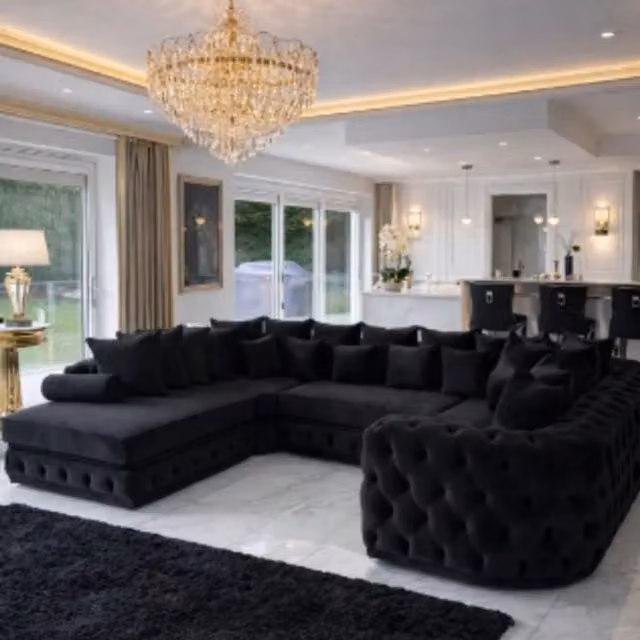 HOB Furniture Royal Surrey Black Velvet U-Shape Chesterfield Chaise Sofa with Ottoman and Scatter Cushions