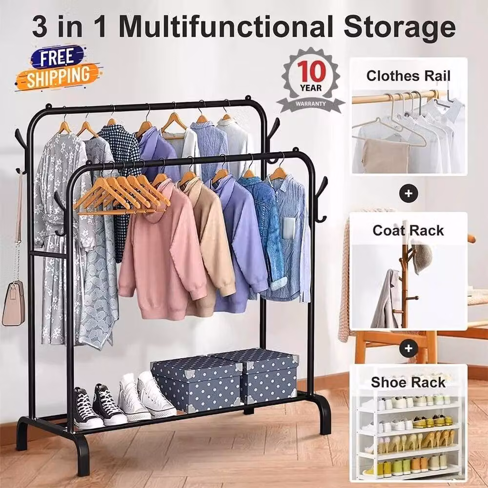 FLAVORA Heavy Duty Black Metal Garment Rail with Continuous Linear Rail – 3