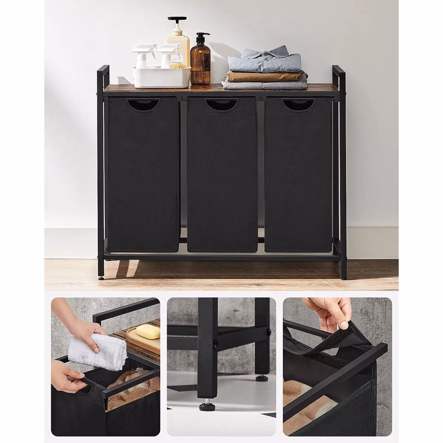 VASAGLE 3 Compartment Laundry Basket with Shelf and Metal Frame, Black – 5