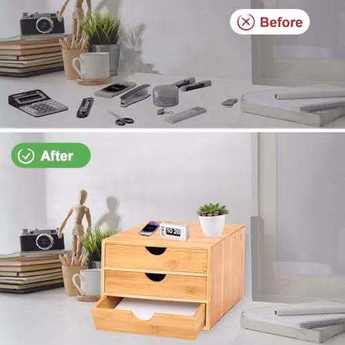 MantraRaj Bamboo 3 Drawer Desk Top Organiser in Brown, W: 26.0 cm, D: 18.5 cm, H: 35.0 cm – 2