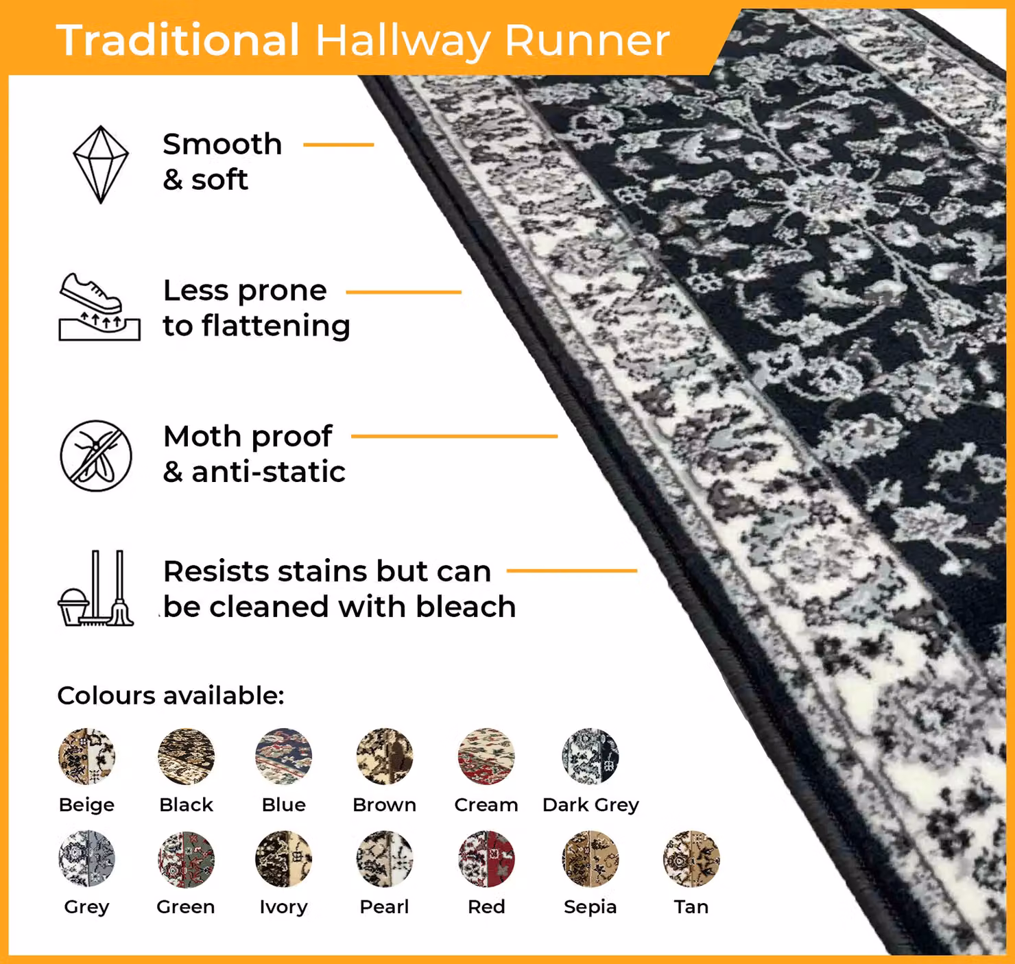 runrug Traditional Hallway Carpet Runner Rug in Beige, W: 80 cm, L: 360 cm – 2