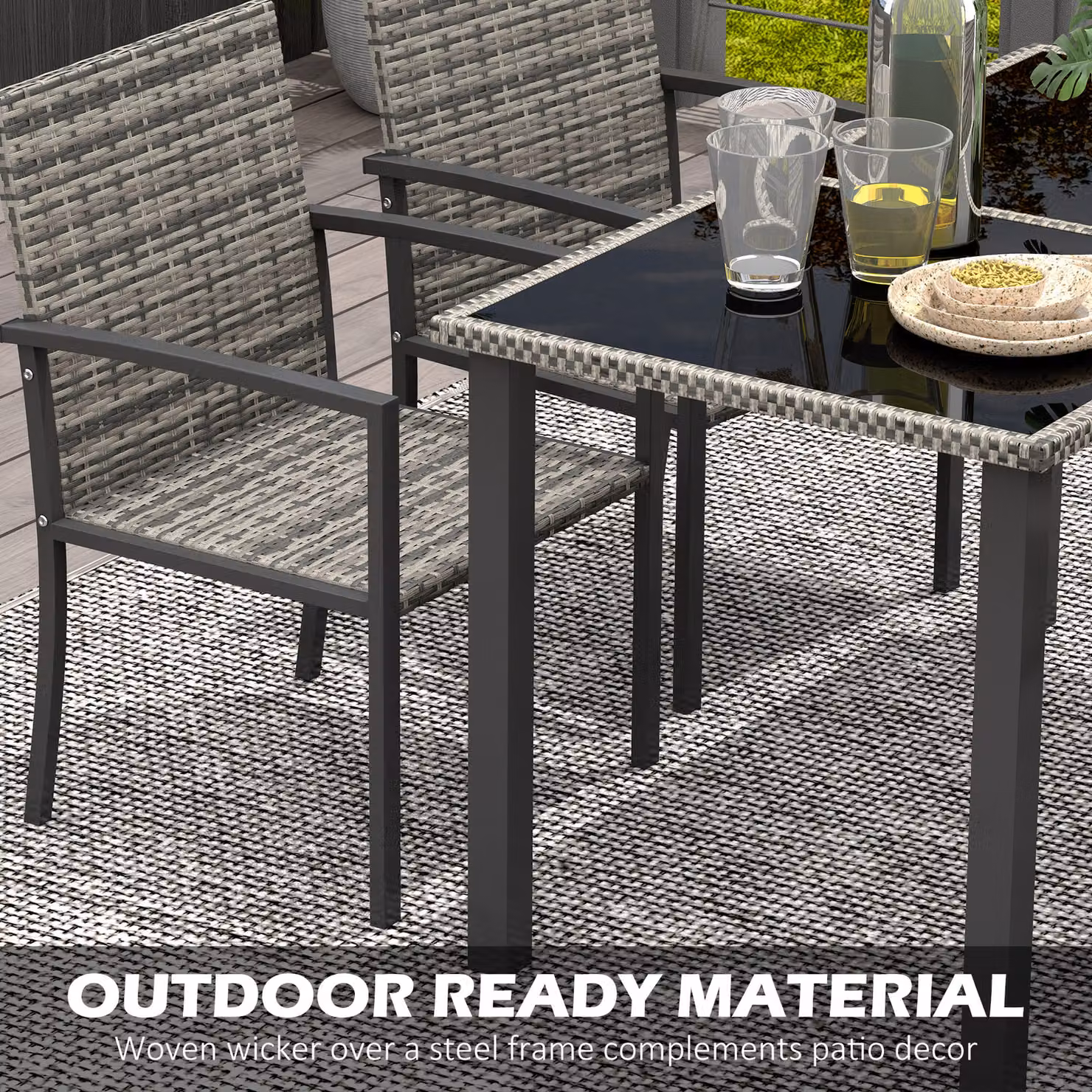 Outsunny 5 Piece Outdoor Dining Set with Tempered Glass Tabletop and 4 Chairs in Mixed Grey – 5