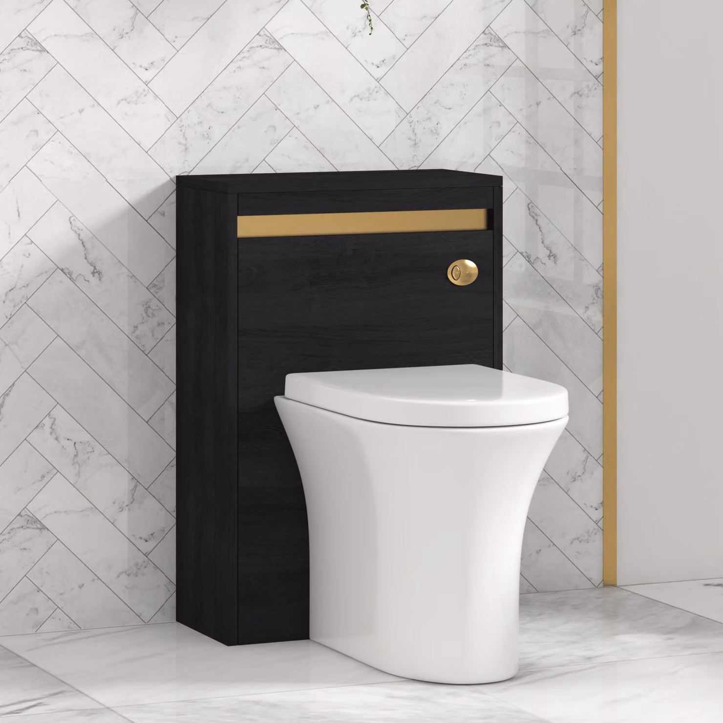Orion Hale Black BTW Wall Mounted WC Unit with Breeze Rimless Ceramic Toilet Pan, Soft Close Seat and Cistern, Brushed Brass Accent Trim, Width: 54 cm