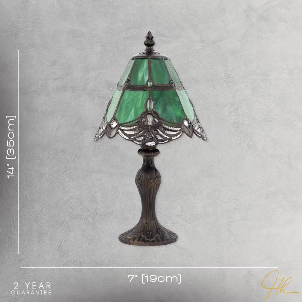 Happy Homewares Green and Transparent Stained Glass Tiffany Tabletop Lamp with Bronze Metal Base – 5