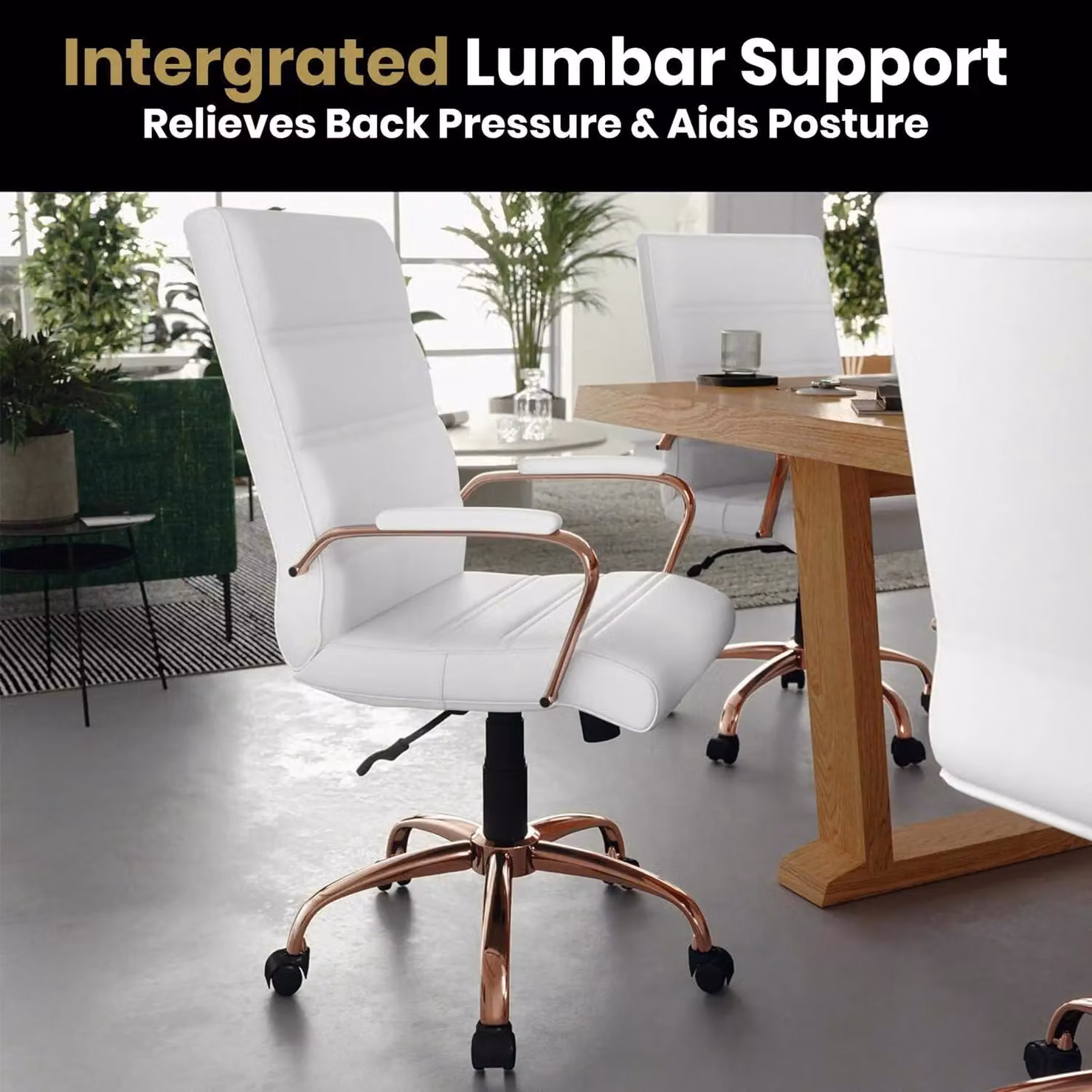 FWStyle White PU Leather Ergonomic Office Chair with Rose Gold Frame and Lumbar Support, W/D/H: 61.0 x 76.7 x 113.4 cm – 3