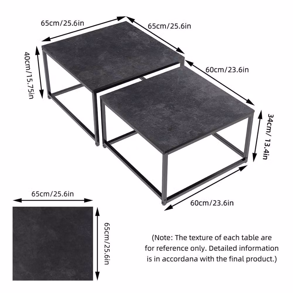 FORGEVIO Set of 2 Black Square Nesting Coffee Tables with Marble Effect Tops – 6