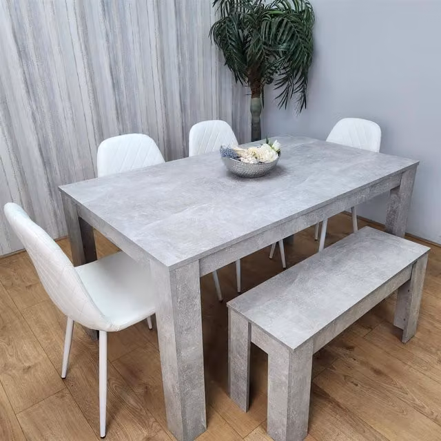 Kosy Koala Modern Dining Set with Stone Grey Effect Rectangular Table, 4 White Chairs and a Bench