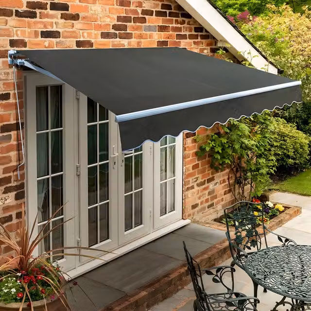 Primrose Manual Retractable Wall-Mounted Awning with Folding Arms in Anthracite Grey, W/D/H: 200 x 150 cm