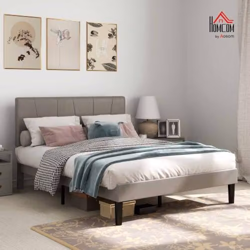 HOMCOM Grey Velvet Upholstered Double Bed Frame with 5-Level Adjustable Headboard, W/D/H: 140 x 200 x 145 cm – 3