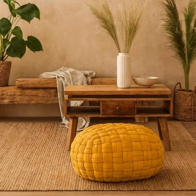 Wyld Haus Lucca Mustard Yellow Cotton Weave Cylindrical Pouffe, W/D/H: 36 x 36 x 48 cm – 1