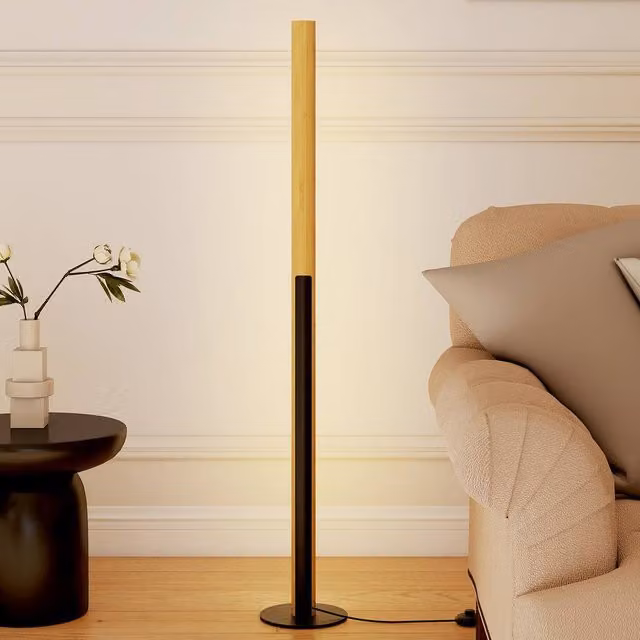 Costway Bamboo LED Floor Lamp with Foot Switch, Dimmable Mid-Century Corner Lamp in Natural Wood Finish