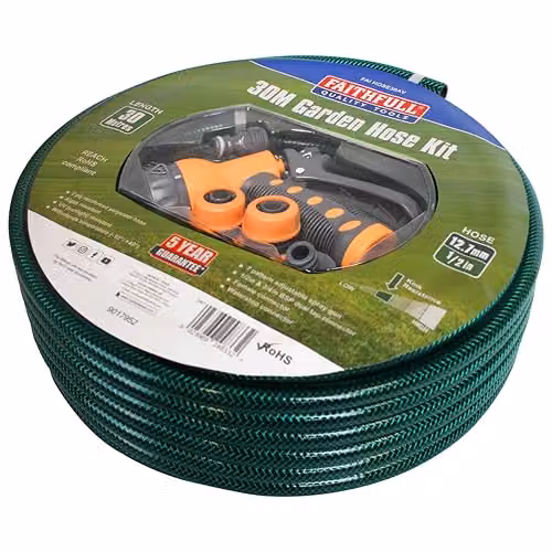 Faithfull Heavy-Duty Reinforced PVC Garden Hose Kit, 30m, Multicolour – 1