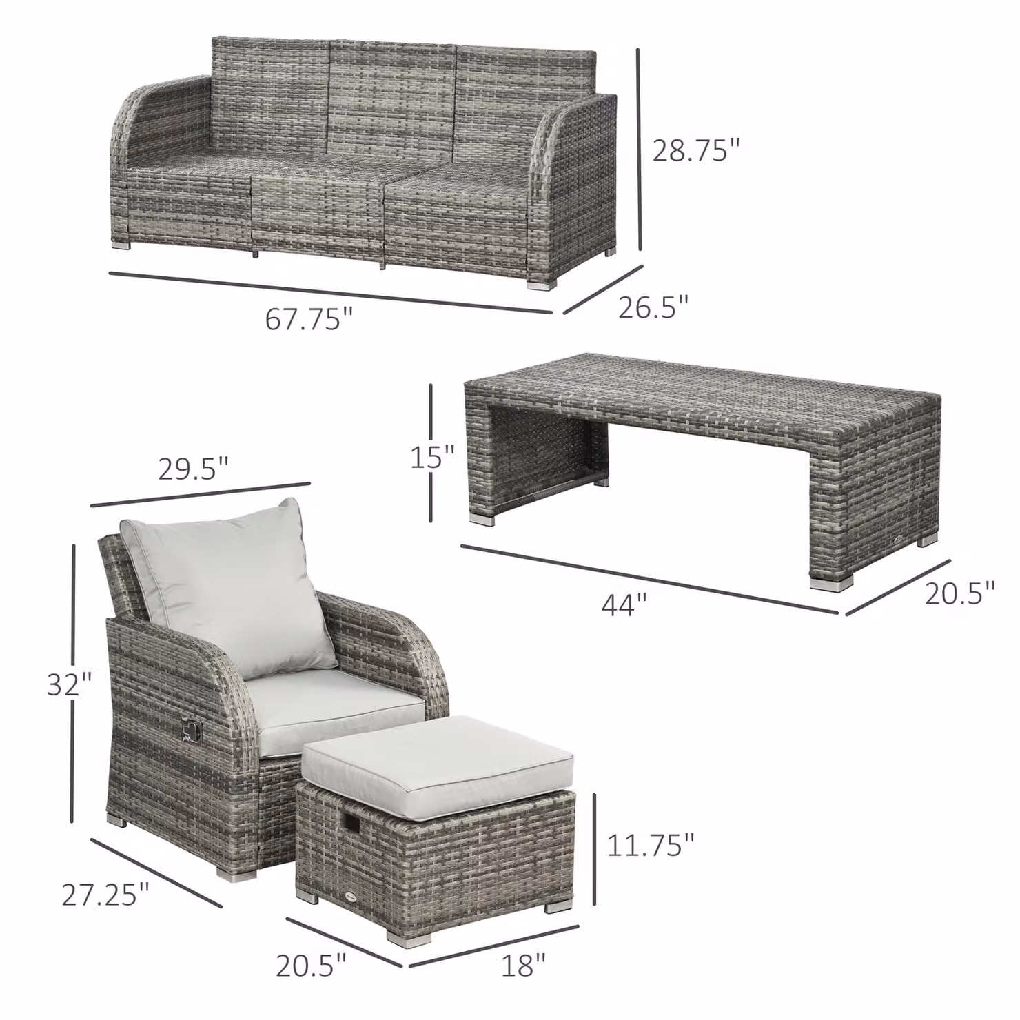 Outsunny 7-Seater Rattan Patio Furniture Set in Light Grey with Coffee Table, Footstool and Reclining Chairs – 2