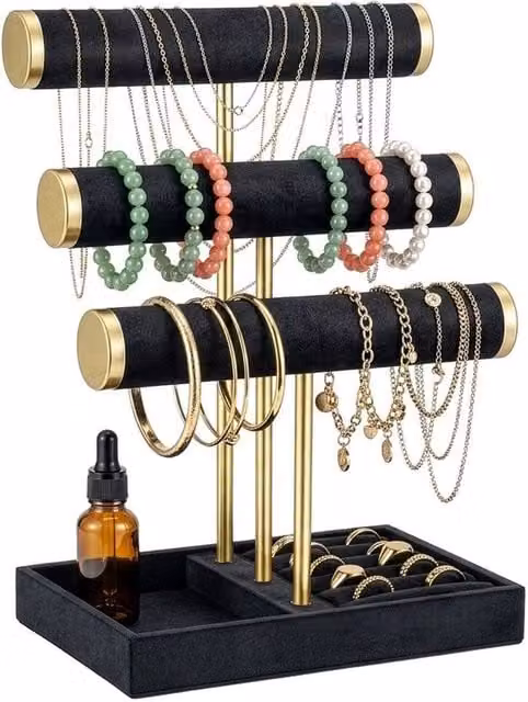 Kelvenix Black and Gold 3-Tier Jewelry Stand with Tray and Bracelet T-Bar – 1