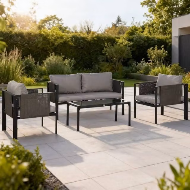 ERGOVEXA 4 Piece Metal Garden Furniture Set with Tempered Glass in Light Grey – 1