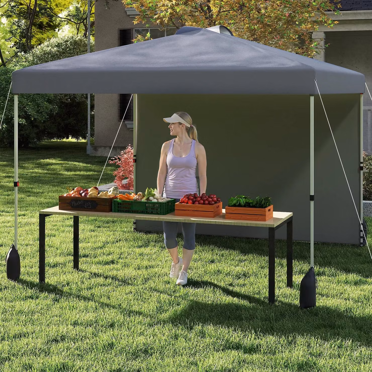 Gymax Pop up Canopy Tent with 1 Sidewall and Wheeled Bag, Grey/Silver, W: 300 cm, D: 300 cm, H: 266 cm – 4
