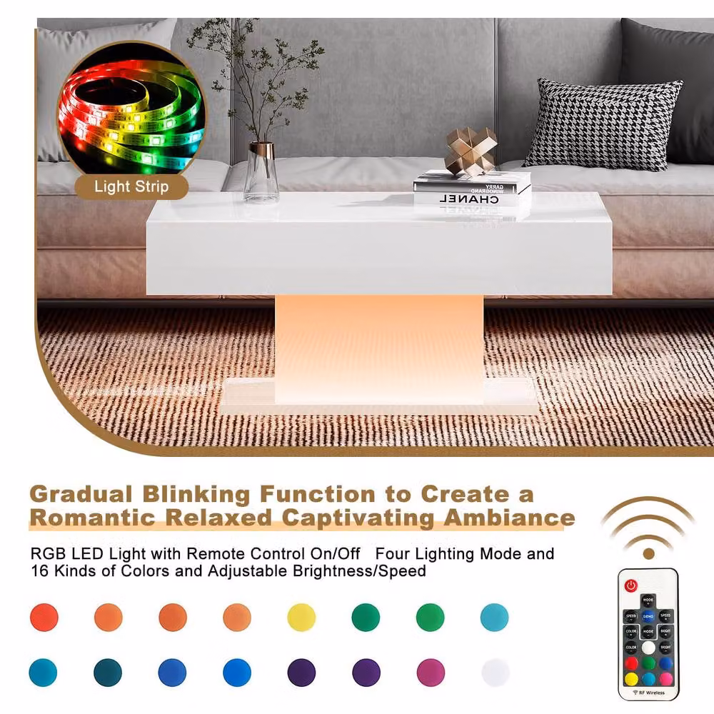 KEEPREAPER White High Glossy Rectangular Wooden LED Coffee Table – 5