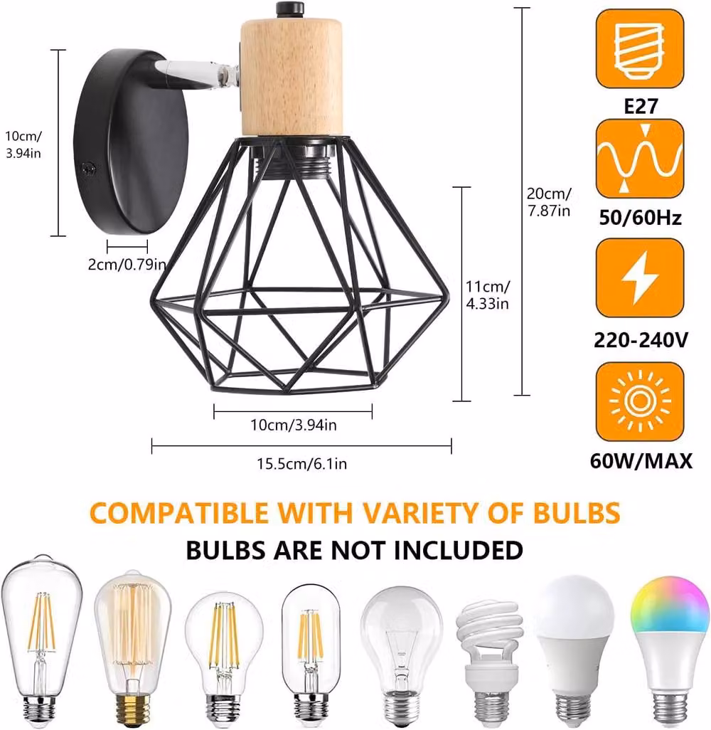 Goeco Industrial Wall Light in Black and Wood with E27 Adjustable Metal Design – 3