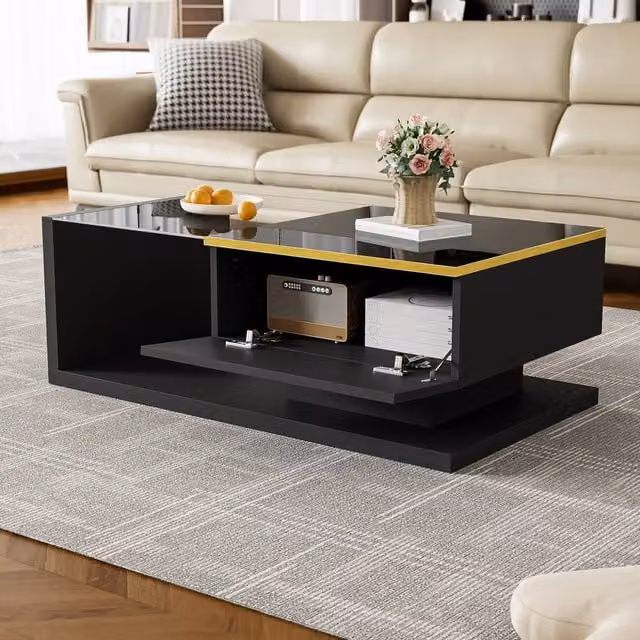 BTM Black High-Gloss Rectangular Coffee Table with Glass Top and Lift Mechanism, W: 90 cm, D: 50 cm, H: 32.5 cm