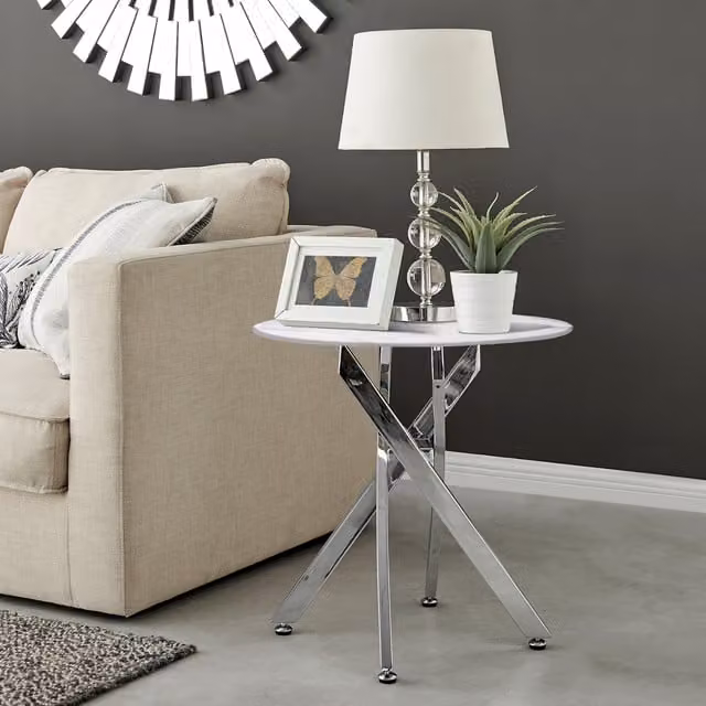 FurnitureboxUK Novara Round Side Table with White Marble Effect Glass Top and Silver Metal Legs