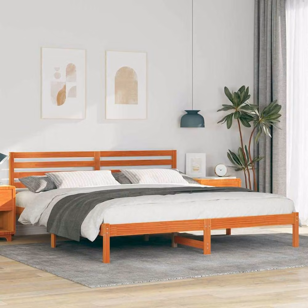 Berkfield Home Bed with Headboard in Wax Brown Solid Pine Wood, 200 x 200 cm – 2