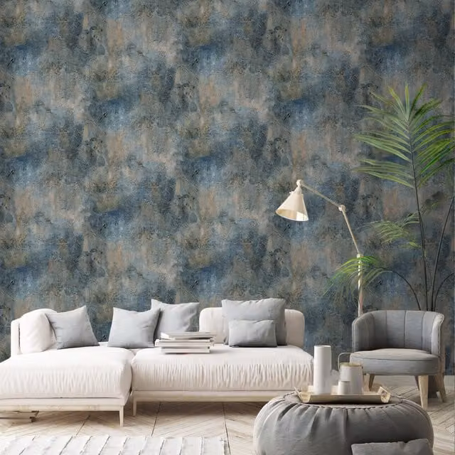 Grandeco Paul Moneypenny Grey Castello Plaster Patina Abstract Wallpaper in Blue and Grey