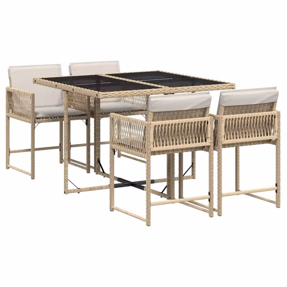 Berkfield Home 5 Piece Garden Dining Set with Beige Cushions and Poly Rattan – 2