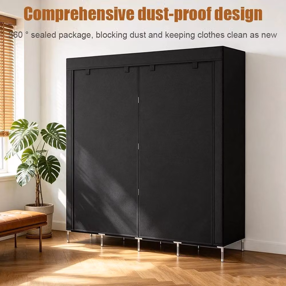 FORGEVIO Black Fabric Canvas Wardrobe with Hanging Rail and Integrated Drawers – 4
