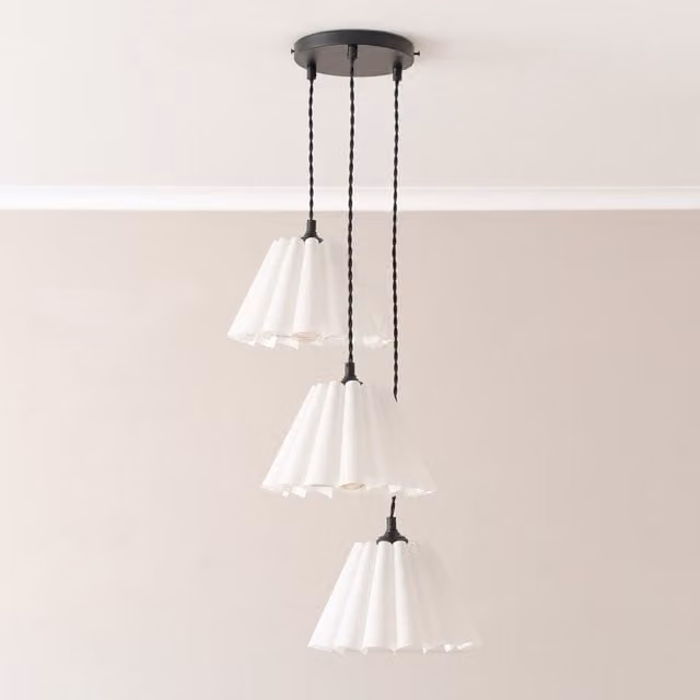 ValueLights Lauren 3 Drop Cluster Ceiling Pendant Light with White Pleated Fabric Shades and Matte Black Metal Finish