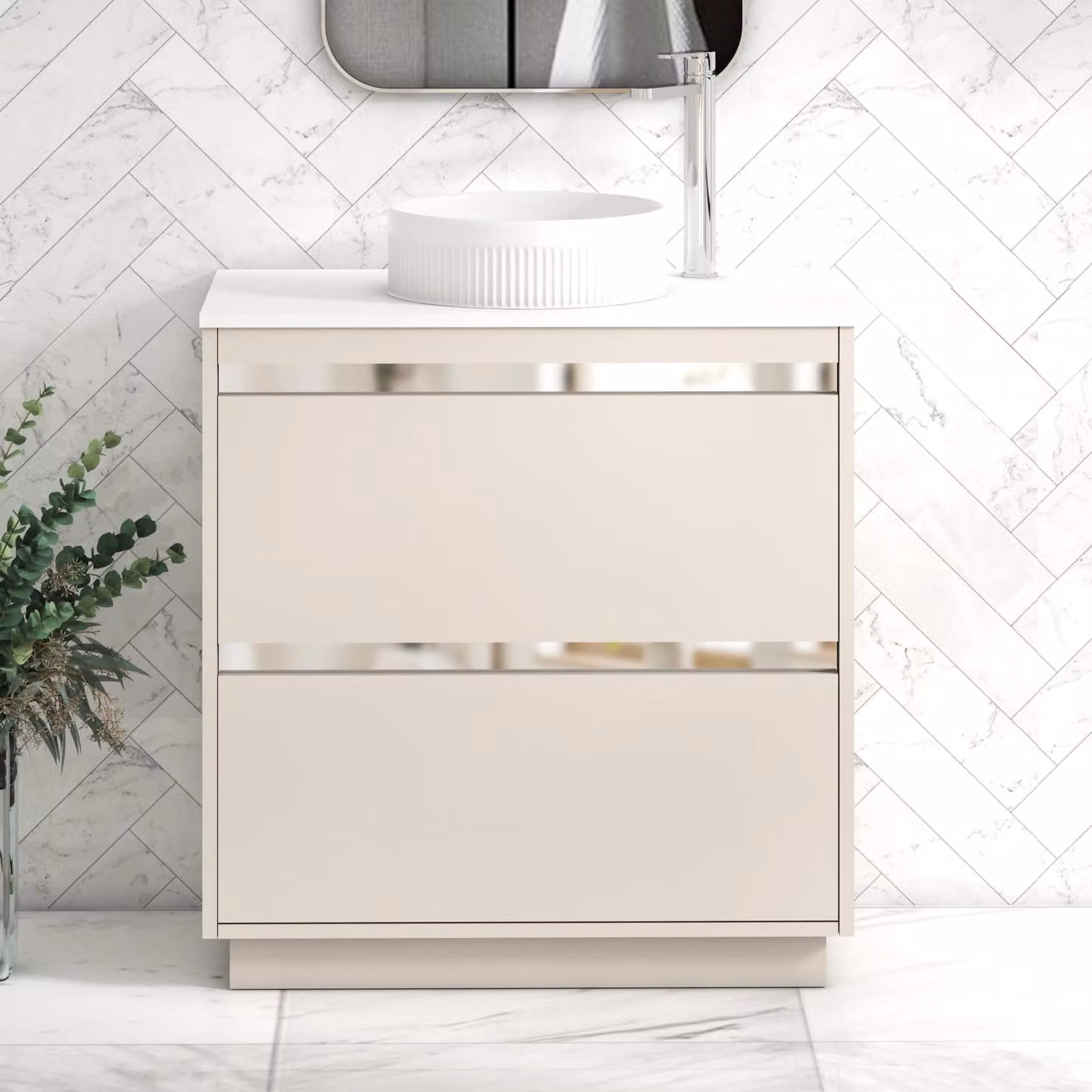 Royal Bathrooms Orion 800mm Warm Taupe Floor Standing 2 Drawer Vanity Unit with Round Basin and Chrome Accent Trim