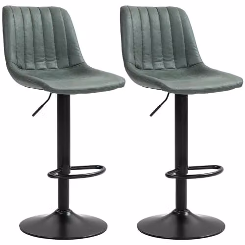 HOMCOM Set of 2 Adjustable Swivel Bar Stools in Green with Synthetic Leather and Metal Frame