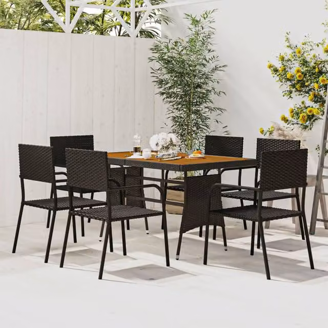 Berkfield Home 7 Piece Modern Poly Rattan Outdoor Dining Set in Black with Acacia Wood and Metal