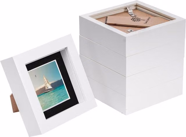 Nicola Spring Pack of 5 Square 3D Box Photo Frames in White and Black with Glass and Plastic, W: 10.16 cm x H: 10.16 cm x D: 10.16 cm