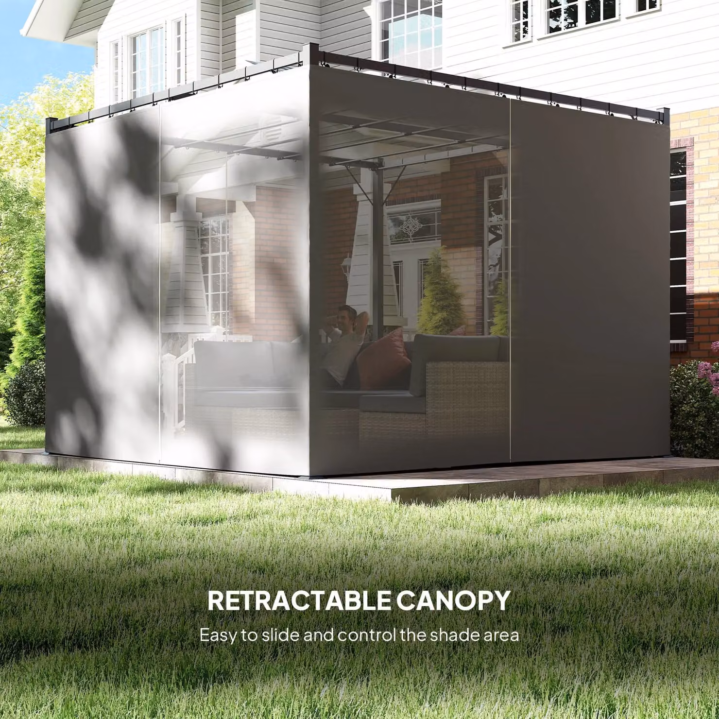 OUTSUNNY Metal Pergola with Retractable Roof and Curtains in Light Grey, W: 300 cm, D: 300 cm, H: 227 cm – 5