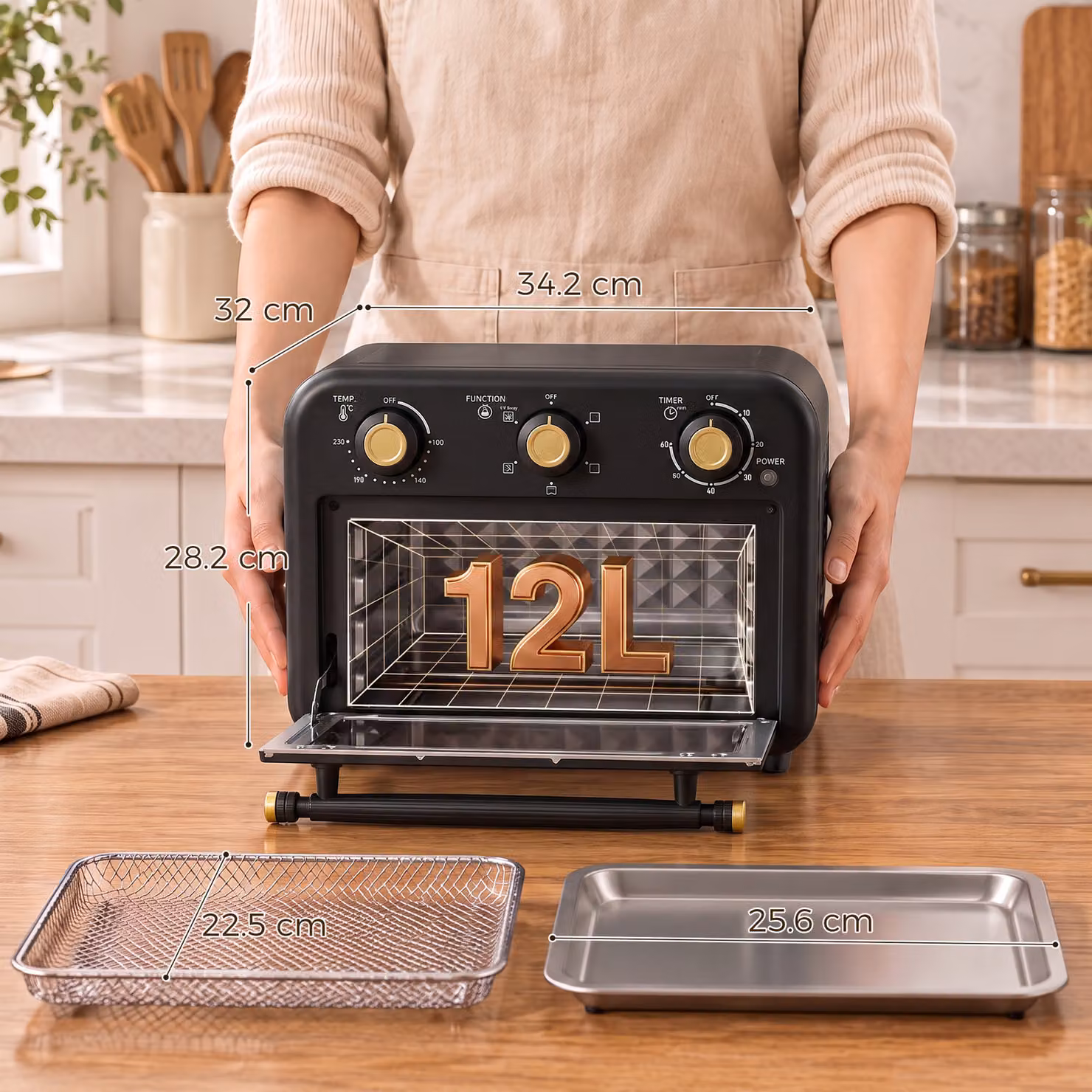 HOMCOM Black Air Fryer Toaster Oven with Convection Hot Air Function, 12 L Capacity, Adjustable Temperature and Timer – 3