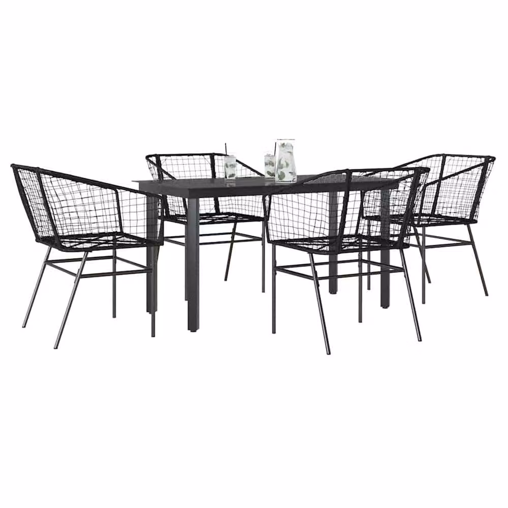 Berkfield Home Beautiful 5 Piece Garden Dining Set in Black Poly Rattan with Glass Top