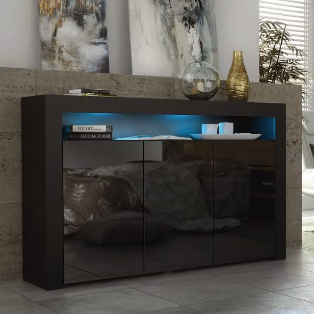 Mex Furniture LTD Modern Black Gloss Sideboard with Integrated LED Lighting, W: 155 cm, H: 92 cm, D: 40 cm