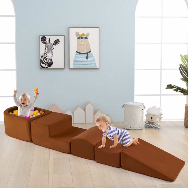 Costway 5-Piece Kids Soft Climbing Blocks in Brown, Made of Washable Foam and Textile