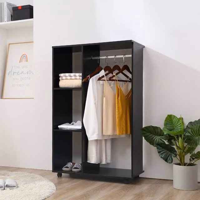 KORVIXA Black Modern Open Wardrobe on Wheels with Continuous Linear Rail, W: 100 cm, H: 128 cm – 1