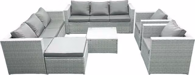 Fimous Outdoor Rattan Garden Furniture Set in Light Grey with 2 Armchairs, Square Coffee Table and Large Footstool