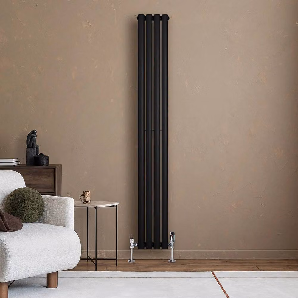 Monstershop Oval Single Column Steel Radiator and Valves with Thermostat Head, Black, H: 180 cm, W: 24 cm – 4