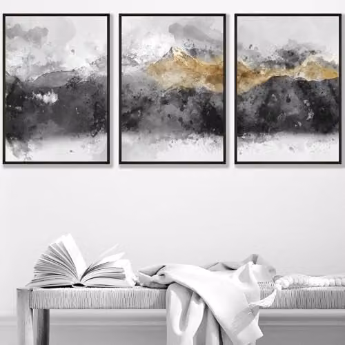 ARTZE Set of 3 Abstract Grey and Yellow Mountain Landscape Wall Art Paper Posters, W: 29.7 cm, H: 42 cm