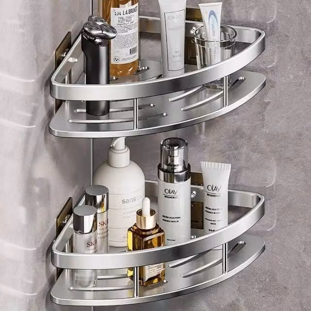 VOGREX 2-Piece Self-Adhesive Aluminium Corner Shower Caddy in Silver