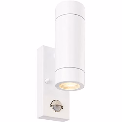 Loops Twin Up & Down IP44 Wall Light with PIR Motion Sensor in Gloss White Stainless Steel and Clear Glass for Garden and Outdoor Use, GU10 LED Compatible