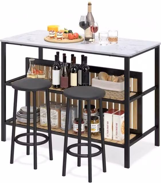 Costway 3 Piece Modern Kitchen Island and Bar Stools Set in White with Marble Top – 1