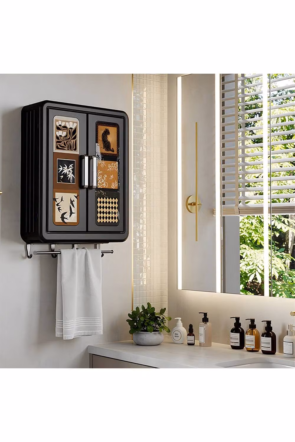 Living and Home 4-Tier Wall-Mounted Folding Storage Cabinet with Hinged Soft-Close Doors and Hooks in Matt Black – 2