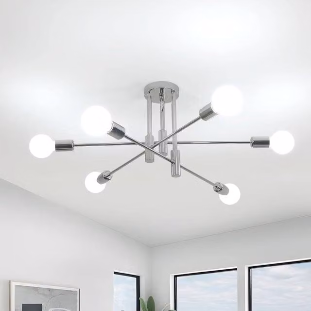 Goeco Industrial Retro 6-Light Ceiling Chandelier in Silver with E27 Base – 1
